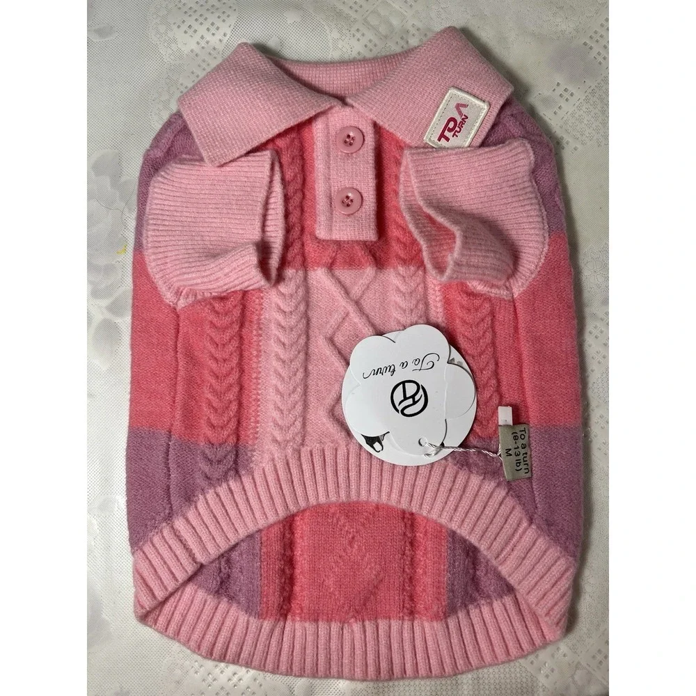 To A Turn Pink Plaid Cable Knit Dog Sweater Size M (8-13 Lb) Warm